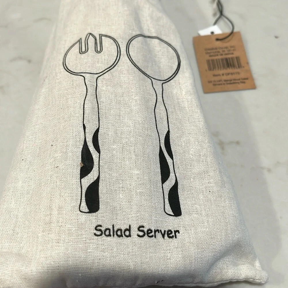 Natural & Espresso Mango Wood Salad Server Set with Drawstring Bag/NWT